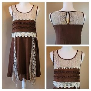 A'reve Sleeveless Brown Dress w/ Crochet Detailing Ruffles & Cream Lace